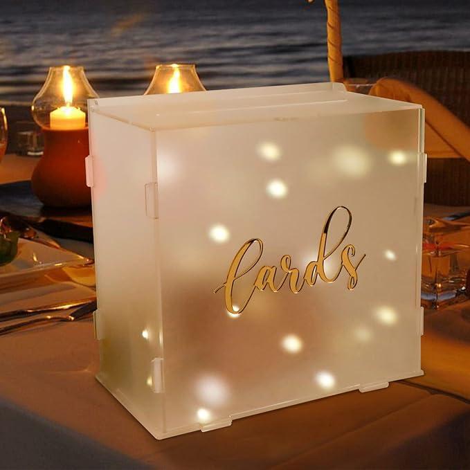 OurWarm Frosted Acrylic Wedding Card Box with String Light, Large Gift Card Box for Wedding Reception, DIY Wedding Envelope Money Memory Box for Party Graduation Birthday Baby Shower Decorations
