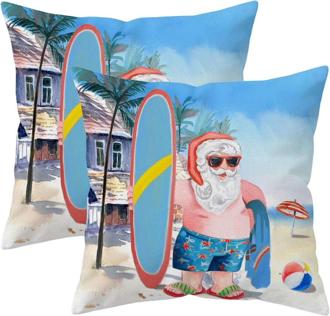 Christmas Pillow Covers 18x18 Set of 2, Santa Claus Surfing Beach Holiday Pillow Case Double Sided Printing Cushion Covers for Sofa Couch Bed Summer Winter Coastal Xmas Home Decor (Wl-dpcsd-santa)