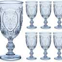 6 Pcs Plastic Goblets 7.5oz Vintage Goblet Plastic Wine Glasses Colored Retro Embossed Water Goblets for Wine Bar Juice Baby Shower Wedding Reception Grand Event Party (Blue)