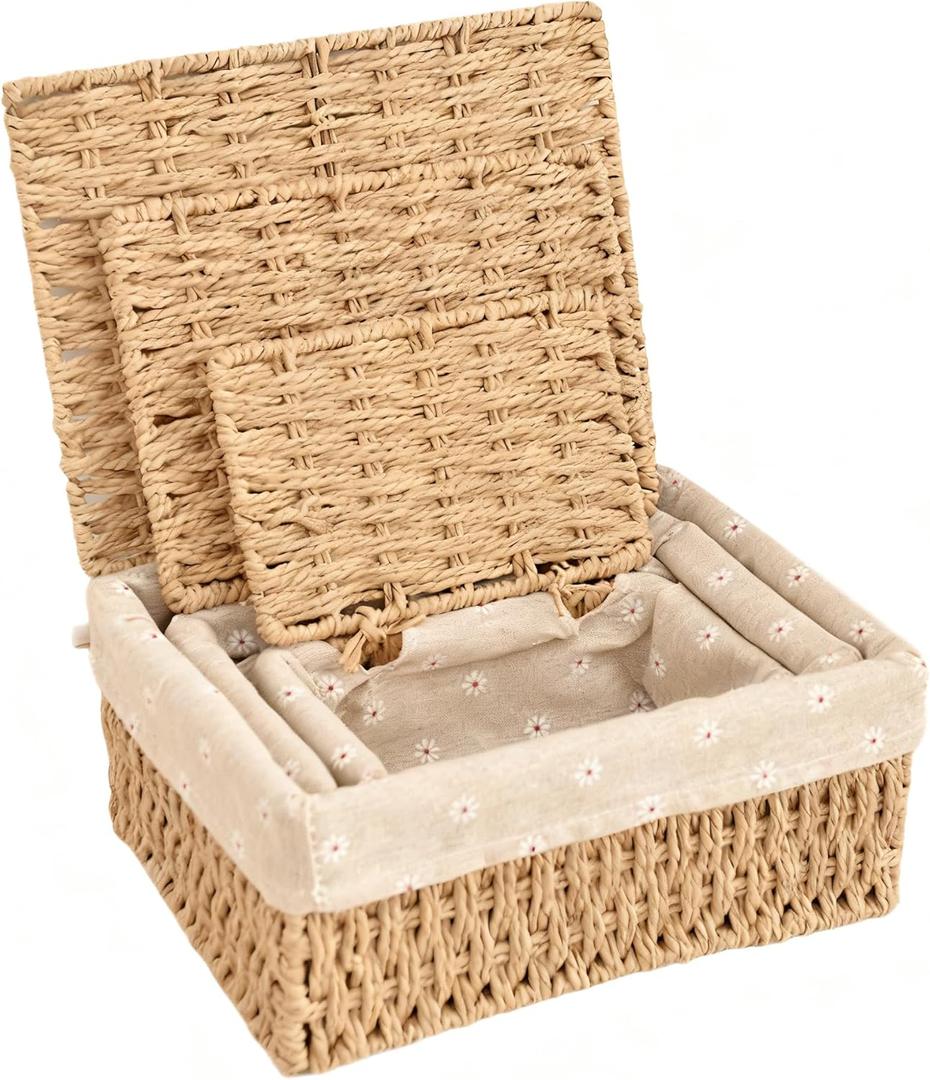 Wicker Storage Basket with Lid, Khaki Paper Rope Woven Storage Box with Removable Liner, Stackable Shelf Bin for Bathroom, Closet, Nursery (M-8.6"×6.1"×4.1")