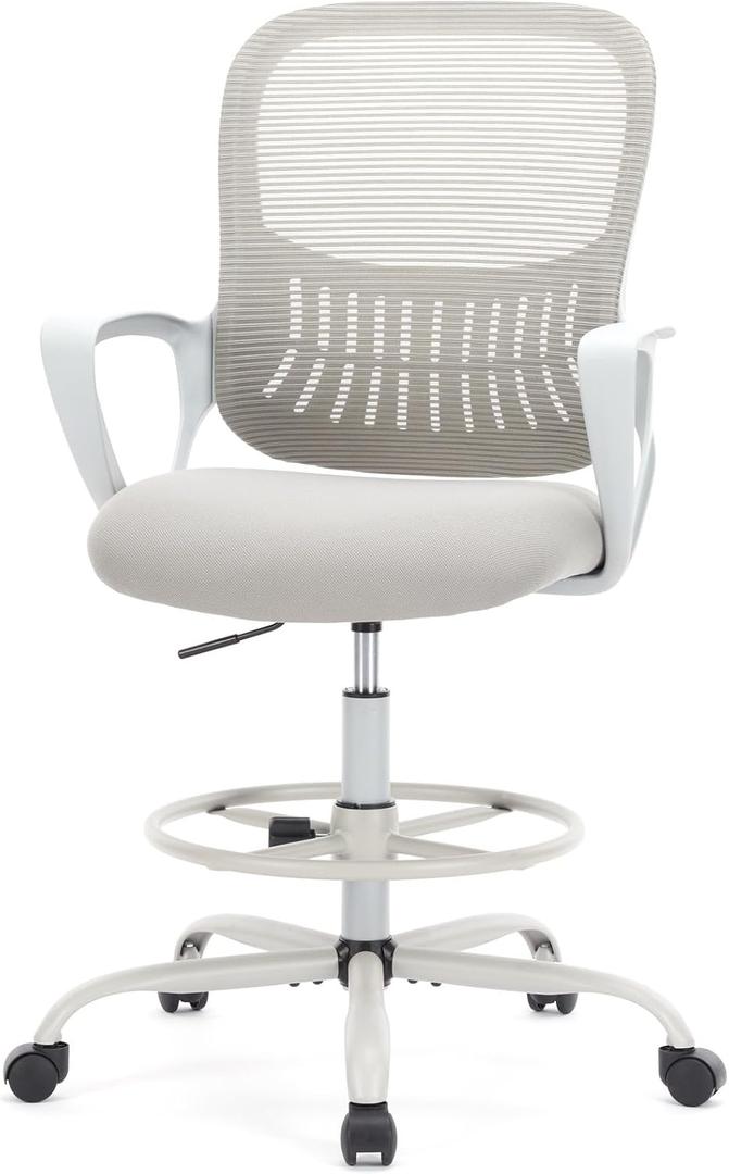 DUMOS Drafting Chair for Standing Desk, Counter Height Adjustable, Fixed Arms, Ergonomic Mid Back Mesh Rolling Work Swivel Office Computer Chairs with Wheels, Grey