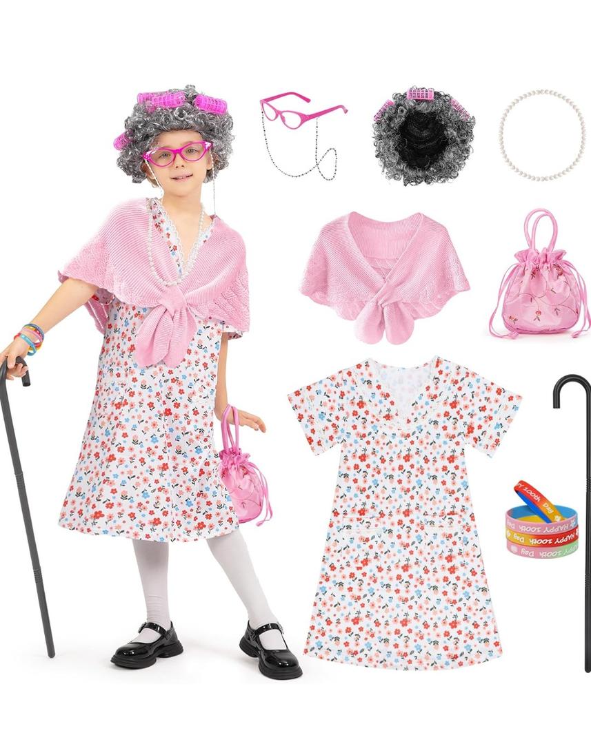 WooWee 100 Days of School Costume for Girls, Old Lady Costume for Kids, Granny Grandma Dress Up(Pink, 8-10 Y)
