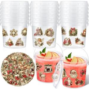 PerKoop 20 Pcs 32 oz Ice Cream Buckets with Lids and Handles Clear Cocktail Rum Buckets with Stickers Plastic Transparent Tub Reusable Food Storage Containers for Parties(Christmas Leaf)