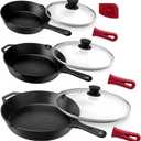 Cuisinel Cast Iron Skillets Set + Glass Lids - 8"+10"+12"-Inch Frying Pans + Silicone Handle Holder Covers - Pre-Seasoned Oven Safe Cookware - Indoor/Outdoor Use - Grill, Stovetop, Camping Fire Safe