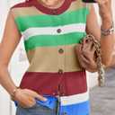 Tankaneo Womens Color Block Striped Sweater Vest Tops Summer Casual Button Up Knit Sleeveless Cardigan Tank Tops Khaki (L)