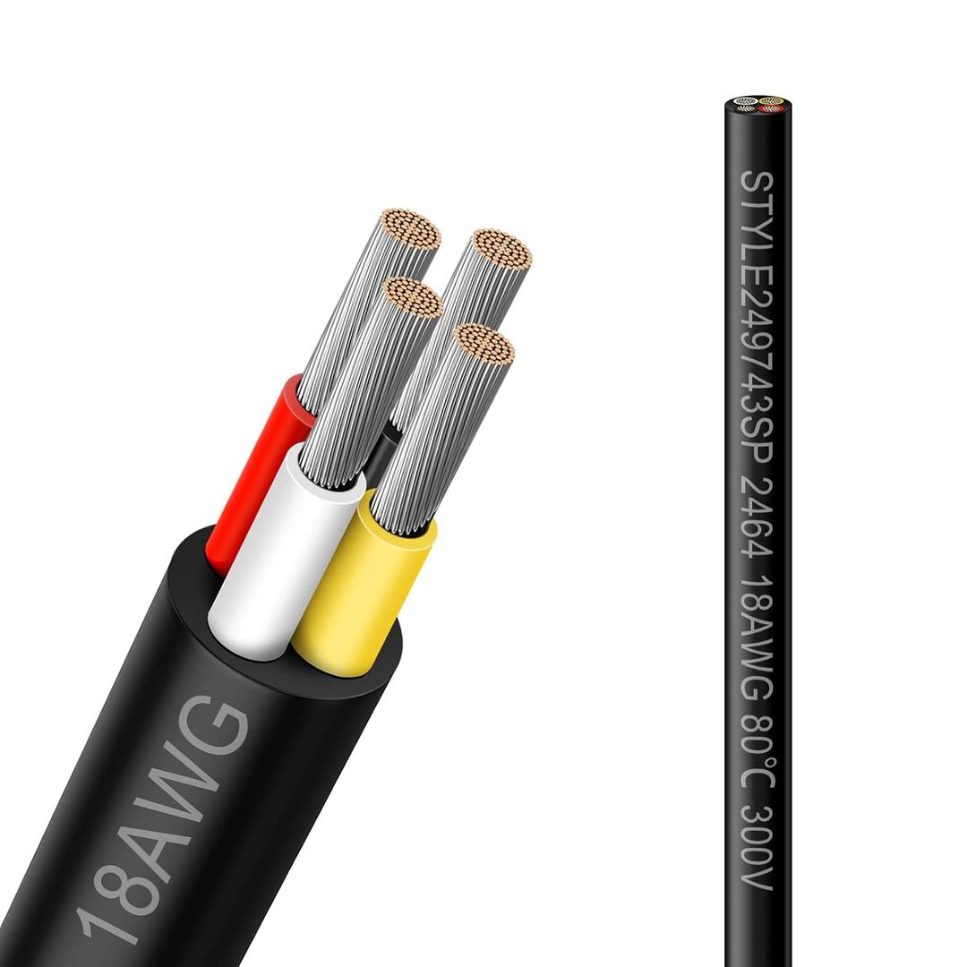 18 Gauge 4 Conductor Electrical Wire, 33FT 18AWG Black PVC Stranded Tinned Copper 4 Wire Cable, 18/4 Cord Extension Cable for LED Lamp Lighting, Automotive, Speaker, Audio, Power 