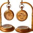 ALADEAN Brass Table Clock with Compass | Romantic Desk Clock - Decorative Vintage Mechanical Clock Lovers Boyfriend/Husband Birthday/Wedding Gifts (Love You)