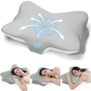 Cervical Neck Pillow for Pain Relief- Memory Foam Orthopedic Pillow, Ergonomic Contour Pillows for Side/Back/Stomach Sleepers, Adjustable Height with Breathable Pillowcase(Grey) (Butterfly)