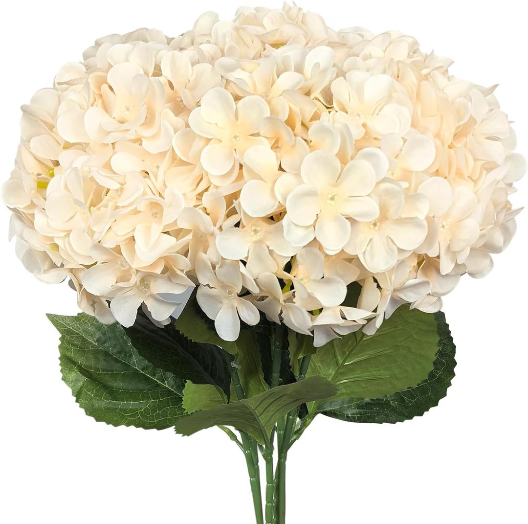 Subacy 6 PCS Artificial Hydrangea Flowers, Faux Silk Hydrangea with Long Stems, Home Wedding Decor, Table Centerpieces, Party Decorations(Champagne)