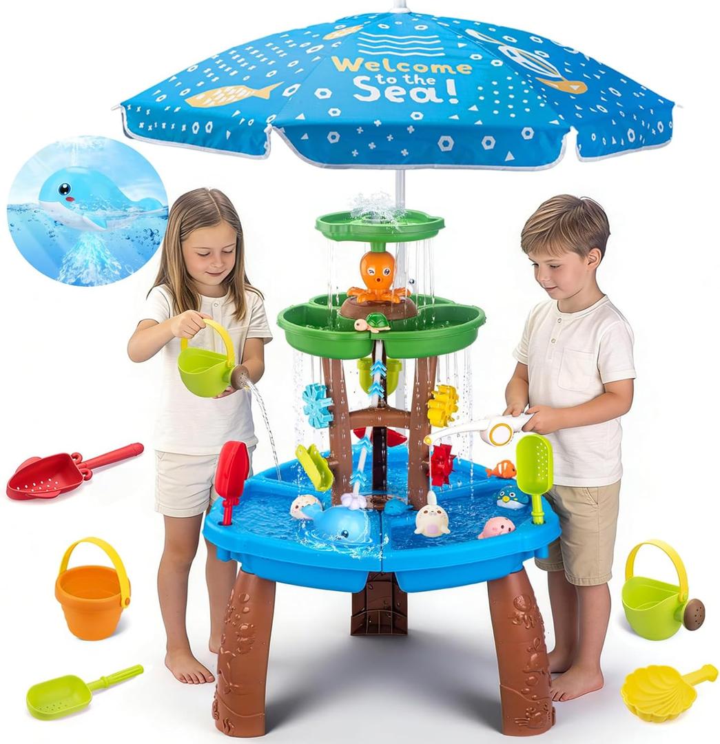 Water Table for Toddlers with Water Pump and Fishing Game Set 3-Tier Kids Sand Water Table with Umbrella Sensory Outdoor Toys for Kids Ages 4-8 Outside Toys Backyard for Kids Toddlers Age 3-10