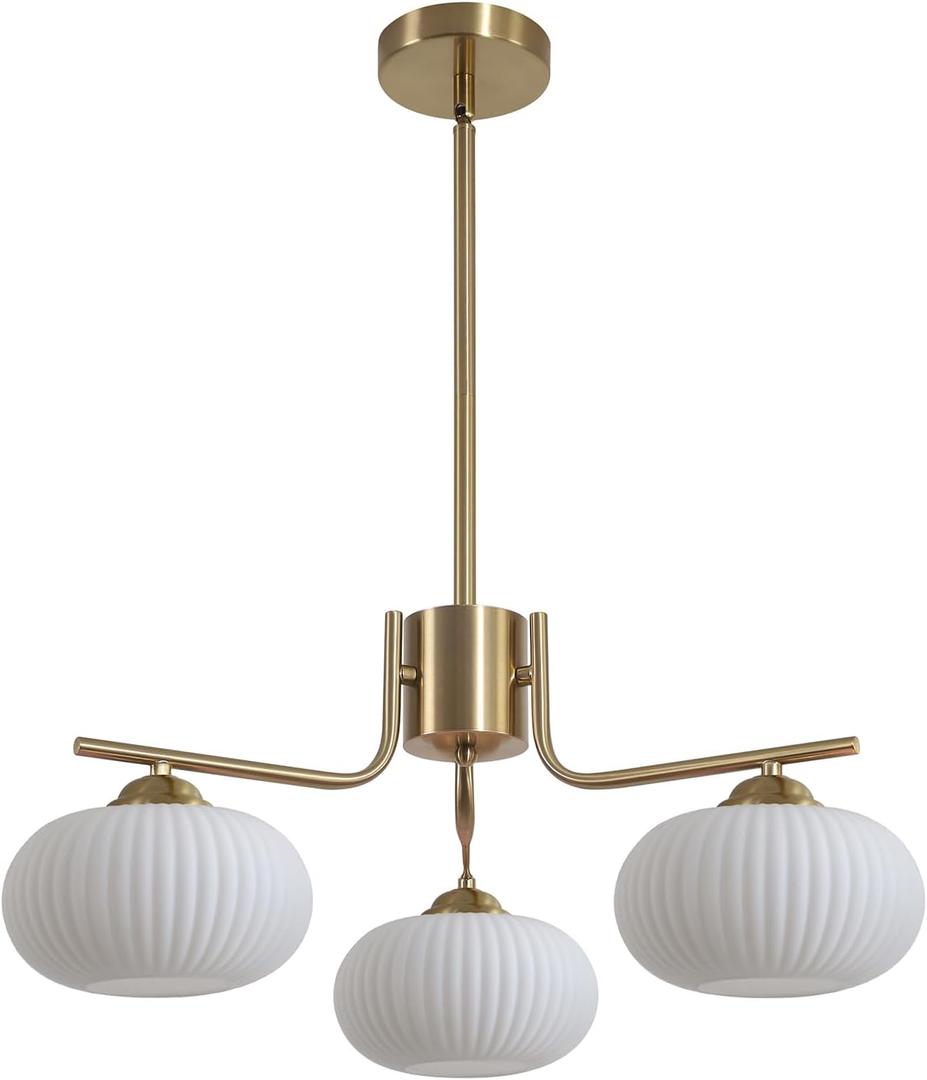 KCO Brushed Brass Gold 3-Light White Milk Ribbed Glass Sputnik Chandelier, 23.6 inches