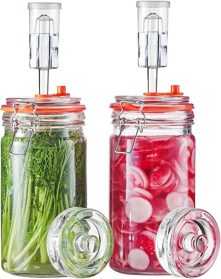 JILLMO 1 Liter Fermentation Jar, Glass Fermenting Kit with Weight for Making Sauerkraut, Hot Sauce, Mead, Cider and More, Pack of 2
