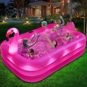 Inflatable Pool with Lights, Solar Flamingo Swimming Pool for Kids,Adults Inflatable Blow up Pool, Large Kiddie Pool,Durable Thickened Kids Pool for Backyard,Outdoor,100"X63"X20"-Bright Pink