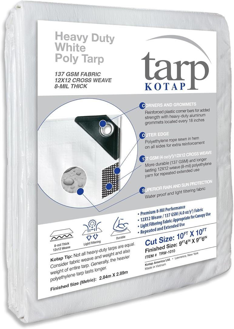 Kotap 10 x 10 Ft. Heavy-Duty Protection/Coverage Tarp, Superior Weave for Greater Longevity 8-mil, Multi-Use, Waterproof, White, 1-Pack (TRW-1010)