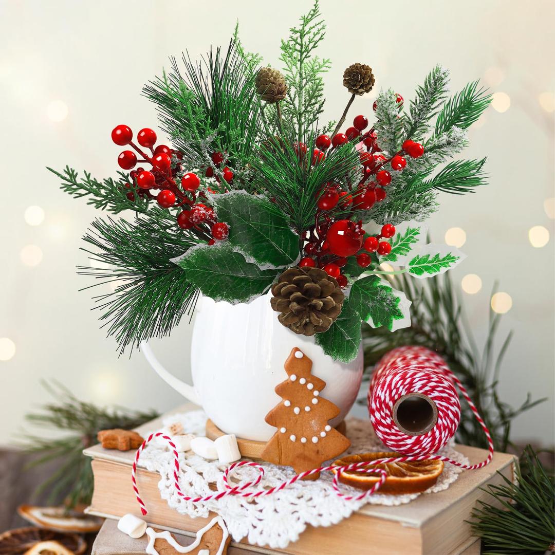 ZOXILEN 22 Pcs Large Artificial Christmas Tree Picks, Assorted 20 Kinds Red Berry Picks Stem Faux Pine Branches Flower Pick with Pinecones Apples Holly Leaves for Winter Holiday Season Home Decor