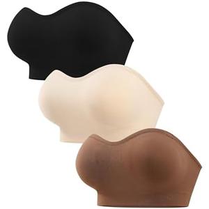 ANGOOL Strapless Bras for Women Wirefree Non-Slip Tube Top Invisible Bralette Seamless Padded Bandeau Bra (2 Pcs, M, Black and Beige)