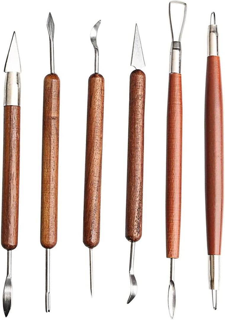S & E TEACHER'S EDITION 6 Pcs Pottery & Clay Sculpting Tools, Double-Sided, Smooth Wooden Handles.