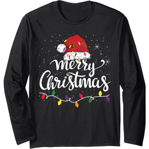 Merry Christmas Xmas Family Matching Apparel Merry Christmas Lights Red Santa Hat Xmas Family Men Women Long Sleeve T-Shirt, Blue XL