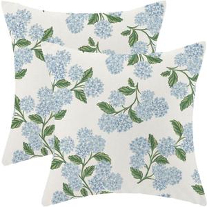Blue Hydrangea Floral Pillow Covers 18x18 Inch Vintage Spring Flowers Throw Pillow Covers Set of 2 Vintage Seasonal Summer Outdoor Pillow Cases Home Decor for Living Room Bedroom Linen Square Cushion