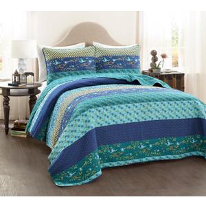 Lush Decor Royal Empire Reversible Cotton Quilt Set, 3 Piece Set Full/ Queen, Peacock - Striped Bedding Set - Floral Quilt Queen Size - Blue Bedding - Boho Decor