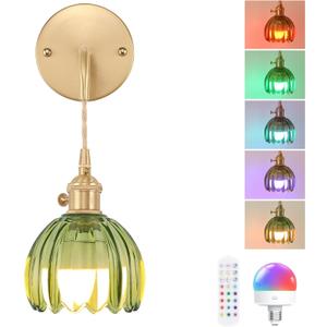 Battery Operated Wall Sconce with Green Tulip Shade Pattern Glass Adjustable Chain Retro Gold Wall Mounted Light, Modern Wall Lamp Fixtures Decor for Bedside Bedroom Indoor Doorway (Battery Operated (1 pack)- Long Cord)