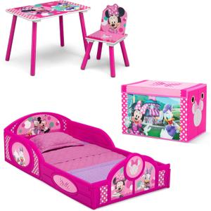 Delta Children Disney Minnie Mouse 4-Piece Toddler Room-in-a-Box Set  Includes Sleep and Play Toddler Bed, Table, 1 Chair and Toy Box, Pink