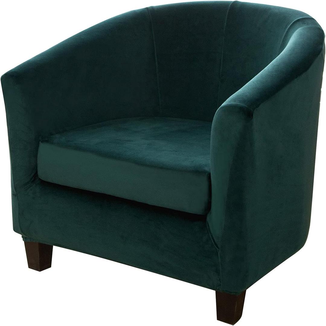 MIFXIN Tub Chair Slipcover 2 Piece Velvet Barrel Club Chair Covers with Cushion Cover Stretch Soft Washable Armchair Sofa Couch Furniture Protector for Living Room Hotel (Emerald Green)