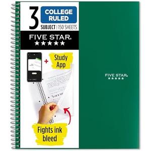 Five Star Spiral Notebook + Study App, 3 Subject, College Ruled Paper, Fights Ink Bleed, Water Resistant Cover, 8-1/2" x 11", 150 Sheets, Green (72067)
