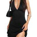 ASKHOPE Halter Dresses for Women 2025 Summer Backless A-line Mini Dress Deep V Neck Party Club Going Out Short Dress Black M