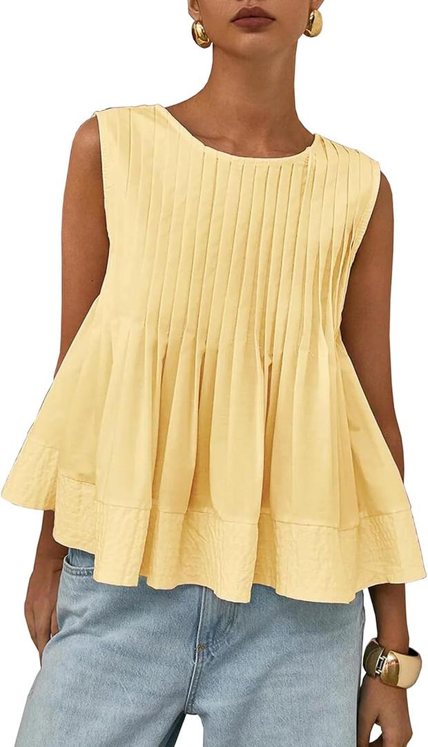 WOWULOVELY Womens Summer Pleated Peplum Sleeveless Blouse Tank Tops Crew Neck Babydoll Blouse Y2K Round Shirt (Yellow, S)