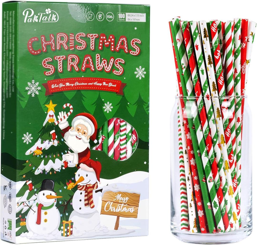 Christmas Straws, 10 Styles 100 Red Green Gold Christmas Paper Straws Tree Snowflake Disposable Drinking Straws for Christmas, New Year, Holiday, Party Supply(0.24" x 7.75", 100 Pack), 0.24" x7.75"