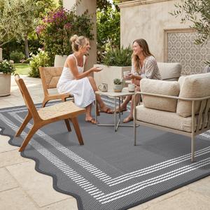Garvee Waterproof Outdoor Rug 10x20, Scalloped Geometric Foldable Plastic Straw Patio Camping Rug, Outdoor RV Carpet for Deck Camper Porch Balcony Backyard Picnic Beach Gray 