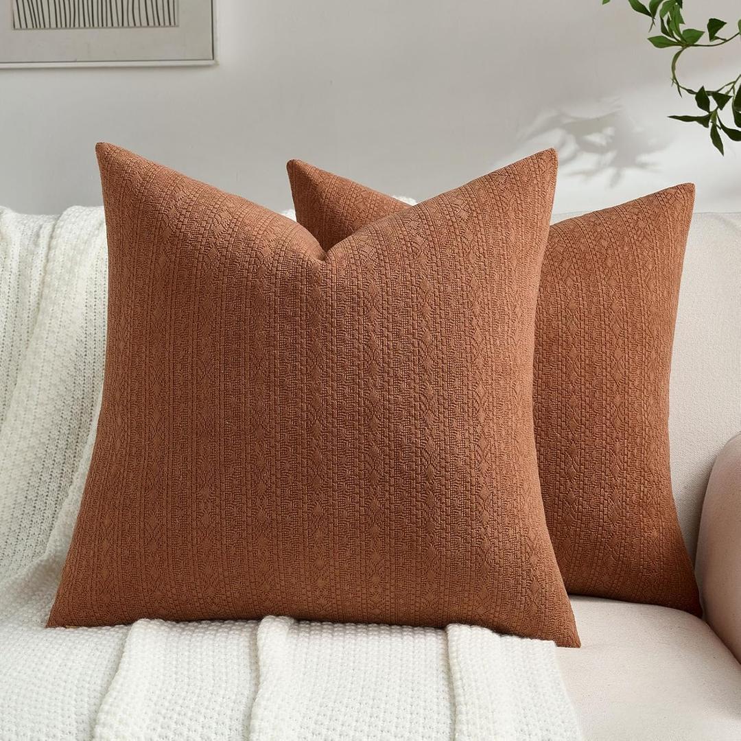 FUTEI Rust Chenille Throw Pillow Covers 18x18 Inch Set of 2,Luxuriously Soft Argyle Textured Cushion Cases,Modern Home Decor for Couch Living Room