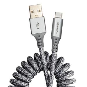Ventev - Chargesync Helix Cable 14" USB A to USB C, Cloth Covered, Flexible Elastic Recoil Design, Fast Charging, Compatible with iPhone 16/16 Pro/15, MacBook, iPad Pro, Samsung Galaxy S25 - Gray (3ft)