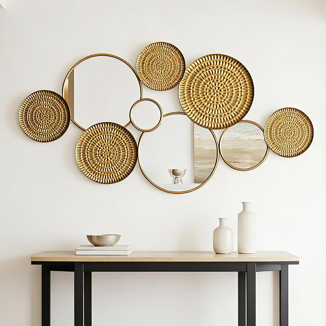 45"x 23" Large Gold Wall Mirrors,Metal Wall Decor Mirror,Decorative Modern Circle Mirror Wall Art Sculpture Hanging Decorations for Home Living Room Office