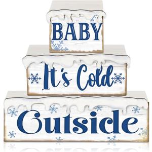 3 Pcs Winter Let It Snow Tiered Tray Decor Table Sign Winter Theme Wood Decorations Centerpiece Decor for Party Gift Desk(Snow Style)