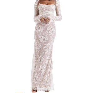 Women Vintage Cream Lace Maxi Dress Romantic Long Sleevees Lace Bodycon Dress L, White