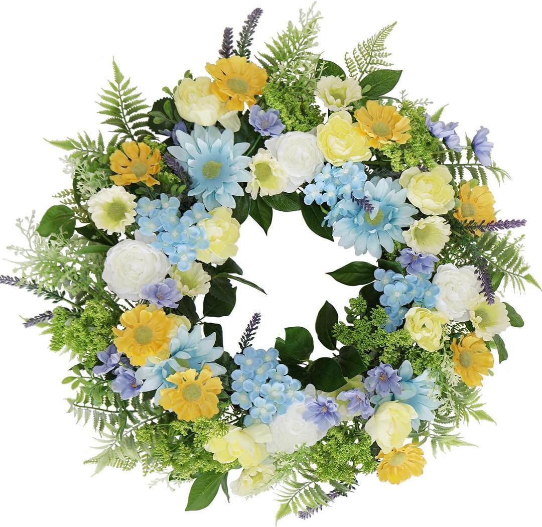 Faux Silk Flower Spring Summer Easter Wreath 20-22" for Front Door – White Ranunculus Yellow Daisy Blue Hydrangea Green Eucalyptus Leaves – Farmhouse Front Porch Wreath, Outdoor Indoor Use 