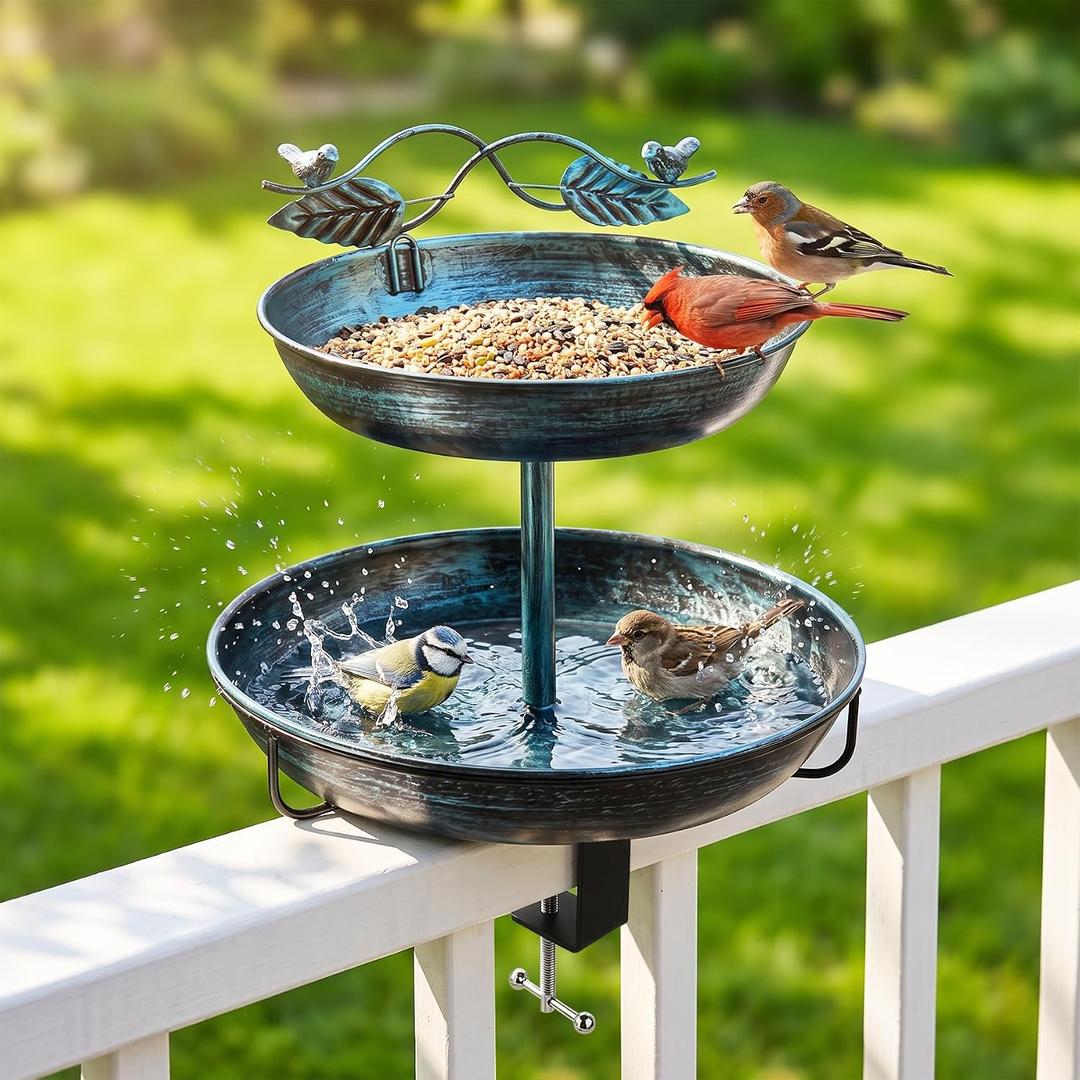 2 in 1 Deck Bird Bath & Feeder for Railing, Metal Birdbath & Birdfeeder with Adjustable Clamp, Detachable Bird Baths Water Bowl, Rustproof Wild Bird Balcony Patio Yard Garden Decor (Lake Blue)