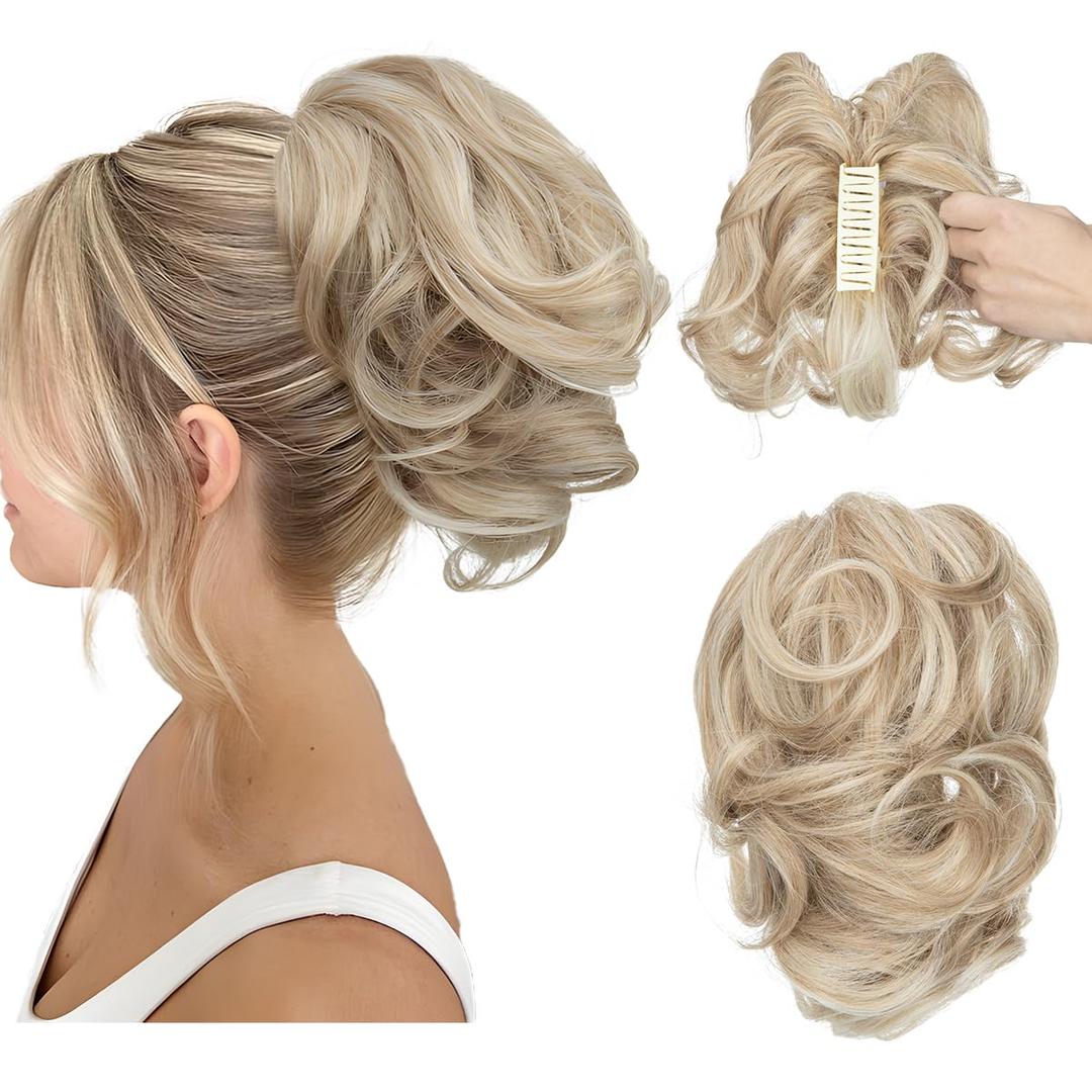 CJL HAIR Claw Clip Short Ponytail Hair Extensions DIY Bendable Metals Messy Bun Hair Piece for Wonen Wavy Curly Synthetic Fake Hairpieces Sunny Blonde