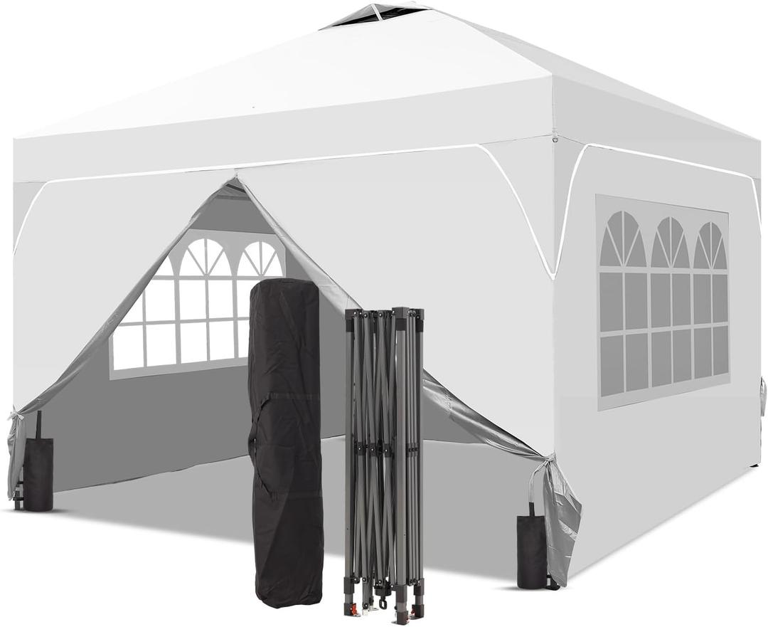 10x10 FT Pop Up Canopy, 1-Button Push Instant Canopy Tent with 4 Removable Sidewalls, Sandbags for Outdoor Activities & Events
