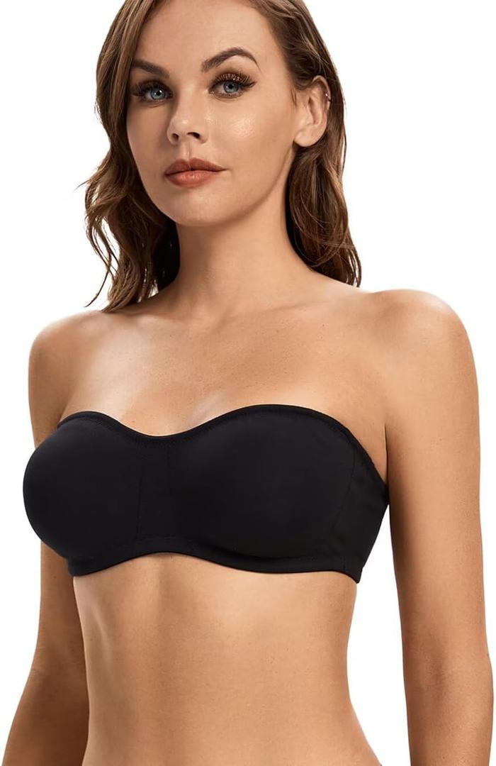 ANGOOL Strapless Bra for Women Padded Non-Slip Silicone Bandeau Bra Seamless Comfortable Wirefree Tube Top Bralette (Black, Small)