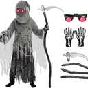 Spooktacular Creations Child Unisex Grim Reaper Costume, Halloween Costume with Glowing Red Eyes for Kids Trick-or-Treating Large