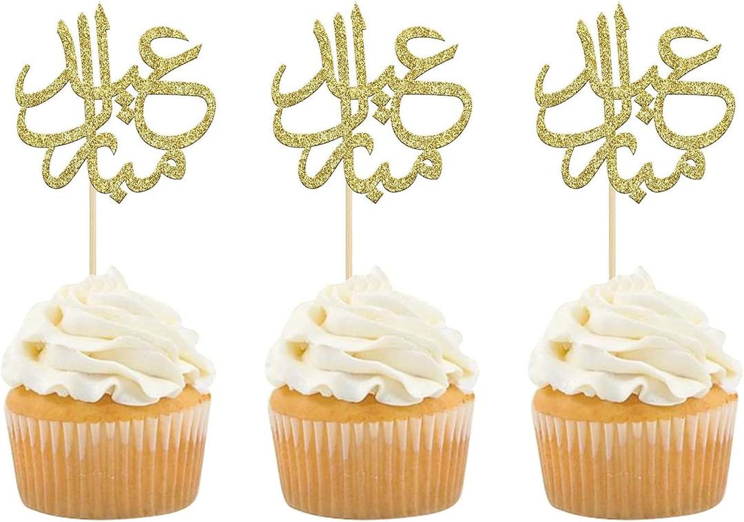 Confetti! 24Pcs Gold Glitter Eid Mubarak Cupcake Toppers Arabic Happy Eid Ramadan Kareem Cake Decorations Islamic Muslim Party Supplies Decorations