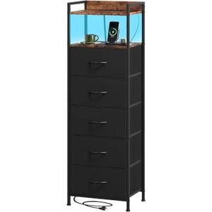 Somdot Black Nightstand with Charging Station and LED Light for Bedroom, Tall 5 Drawers Dresser with Fabric Bins for Bedside Kids Dorm Room Closet Laundry Entryway, Black Rustic Brown (11"D x 15.8"W x 48.8"H (5 Drawers))