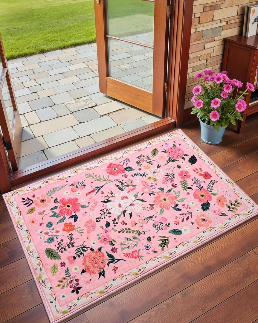 Macgace 2x3 Pink Floral Rug for Entryway, Flowers Printed Washable Small Rugs with Non Slip Backing for Girls Bedroom Kitchen, Cute Throw Carpet Front Door Entry Decor