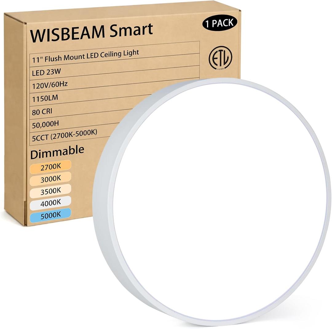 11" Flush Mount Led Ceiling Light, White Close to Ceiling Light Fixtures, Dimmable Round Led Ceiling Lighting 5 Color Selectable 2700K-5000K, 23W Ceiling Light Flat for Kitchen Bedroom Hallway, 1 Pack