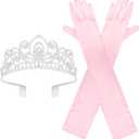 Long Satin Gloves and Crystal Tiara Crown for Bride,1920s Opera Gloves Wedding Accessories Party Decorations (Pink - Style B)