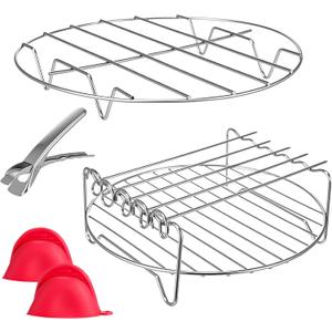 Honeydak 2 Pcs Air Fryer Rack Round Double Layer Air Fryer Accessories Set with Skewer Stainless Steel Multipurpose Cooking Steaming Skewer Rack Basket with 5 Skewers 2 Silicone Mitts 1 Bowl Clip