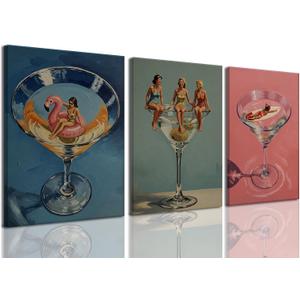 Dirty Martini Wall Art Cocktail Canvas Wall Art Vintage Bar Cart Decor Set of 3 Beach Babes Poster Midcentury Pictures Wall Decor Funky Retro Drink Painting Prints for Apartment Framed